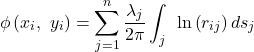 \[\phi\left( x_{i},\ y_{i} \right) = \sum_{j = 1}^{n}{\frac{\lambda_{j}}{2\pi}\int_{j}^{\ }{\ln{\left( r_{ij} \right)ds_{j}}}}\]