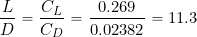 \[ \frac{L}{D} = \frac{C_L}{C_D} = \frac{0.269}{0.02382} = 11.3 \]