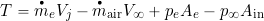 \[ T = \overbigdot{m}_e V_j - \overbigdot{m}_{\rm air} V_\infty + p_e A_e -p_\infty A_{\rm in} \]
