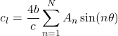 \[c_{l} = \frac{4b}{c}\sum_{n = 1}^{N}{A_{n}\sin(n\theta)}\]