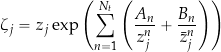 \begin{equation*} \zeta_j = z_j \exp\left( \sum_{n=1}^{N_t} \left( \frac{A_n}{z_j^n} + \frac{B_n}{\bar{z}_j^n} \right) \right) \end{equation*}