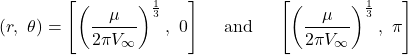 \[(r,\ \theta) = \left\lbrack \left( \frac{\mu}{2\pi V_{\infty}} \right)^{\frac{1}{3}},\ 0 \right\rbrack\ \ \ \ \text{and}\ \ \ \ \left\lbrack \left( \frac{\mu}{2\pi V_{\infty}} \right)^{\frac{1}{3}},\ \pi \right\rbrack\]