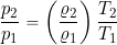 \[ \frac{p_2}{p_1} = \left( \frac{\varrho_2}{\varrho_1} \right) \frac{T_2}{T_1} \]