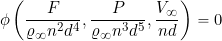 \[ \phi \left( \frac{F}{\varrho_{\infty} n^2 d^4}, \frac{P}{\varrho_{\infty} n^3 d^5} , \frac{V_{\infty}}{n d} \right) = 0 \]