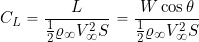 \begin{equation*} C_L = \frac{L}{\frac{1}{2} \varrho_{\infty} V_{\infty}^2 S} = \frac{W \cos \theta}{\frac{1}{2} \varrho_{\infty} V_{\infty}^2 S} \end{equation*}