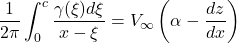 \[\frac{1}{2\pi}\int_{0}^{c}\frac{\gamma(\xi)d\xi}{x - \xi} = V_{\infty}\left( \alpha - \frac{dz}{dx} \right)\]
