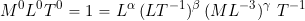 \[ M^0 L^0 T^0 = 1 = L^{\alpha} \, (LT^{-1})^{\beta} \, (ML^{-3})^{\gamma} \  T^{-1} \]