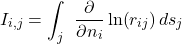 \[I_{i,j} = \int_{j}^{\ }{{\frac{\partial}{\partial n_{i}}\ln}{\left( r_{ij} \right)ds_{j}}}\]