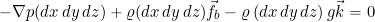 \begin{equation*} -\nabla p (dx \, dy \, dz ) + \varrho (dx \, dy \, dz) \vec{f_b} - \varrho \left(dx \, dy \, dz \right)g\vec{k} = 0 \end{equation*}