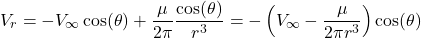 \[V_{r} = - V_{\infty}\cos(\theta) + \frac{\mu}{2\pi}\frac{\cos(\theta)}{r^{3}} = - \left( V_{\infty} - \frac{\mu}{2\pi r^{3}} \right)\cos(\theta)\]