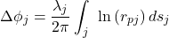 \[\Delta\phi_{j} = \frac{\lambda_{j}}{2\pi}\int_{j}^{\ }{\ln{\left( r_{pj} \right)ds_{j}}}\]