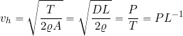 \begin{equation*} v_h = \sqrt{ \frac{T}{2\varrho A}} = \sqrt{ \frac{DL}{2 \varrho}} = \frac{P}{T} = PL^{-1} \end{equation*}