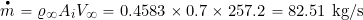 \[ \overbigdot{m} = \varrho_{\infty} A_i V_{\infty} = 0.4583 \times 0.7 \times 257.2 = 82.51~\mbox{kg/s} \]