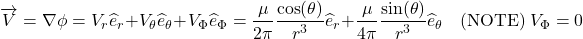 \[\overrightarrow{V} = \nabla\phi = V_{r}{\widehat{e}}_{r} + V_{\theta}{\widehat{e}}_{\theta} + V_{\Phi}{\widehat{e}}_{\Phi} = \frac{\mu}{2\pi}\frac{\cos(\theta)}{r^{3}}{\widehat{e}}_{r} + \frac{\mu}{4\pi}\frac{\sin(\theta)}{r^{3}}{\widehat{e}}_{\theta}\ \ \ \ \text{(NOTE)}\ V_{\Phi} = 0\]
