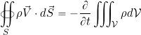 \begin{equation*} \oiint_S \rho \vec{V} \cdot d\vec{S} = -\frac{\partial}{\partial t}\iiint_{\cal{V}} \rho d {\cal{V}} \end{equation*}