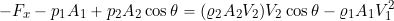 \[ -F_{x}  - p_1 A_1 + p_2 A_2 \cos \theta  = (\varrho_2 A_2  V_2) V_2 \cos \theta - \varrho_1 A_1 V_1 ^2 \]