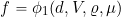 \[ f =  \phi_1 (d, V, \varrho, \mu) \]