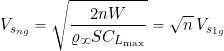 \begin{equation*} V_{s_{ng}} = \sqrt{\frac{ 2 n W}{\varrho_{\infty} S C_{L_{\rm max}}}} = \sqrt{n} \, V_{s_{1g}} \end{equation*}