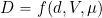 \[ D = f( d, V, \mu ) \]