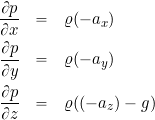 \begin{eqnarray*} \frac{\partial p}{\partial x} & = & \varrho (-a_x) \nonumber \\ \frac{\partial p}{\partial y} & = & \varrho (-a_y) \nonumber \\ \frac{\partial p}{\partial z} & = & \varrho ((-a_z) - g) \nonumber \end{eqnarray*}