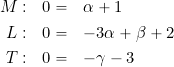 \begin{eqnarray*} M: & 0 = &  \alpha + 1 \\ L: & 0 = & -3\alpha + \beta + 2 \\ T: & 0 = & -\gamma -3 \end{eqnarray*}