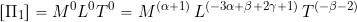 \begin{equation*} \left[ \Pi_{1} \right] = M^{0}L^{0}T^{0} = M^{(\alpha+1)} \, L^{(-3\alpha+\beta+2\gamma+1)} \, T^{(-\beta-2)} \end{equation*}