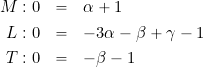 \begin{eqnarray*} M: 0 & = & \alpha+1 \\ L: 0 & = & -3\alpha-\beta+\gamma-1  \\ T: 0 & = & -\beta-1 \end{eqnarray*}
