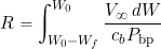 \begin{equation*} R = \int_{W_0-W_f}^{W_0} \frac{V_{\infty} \, dW}{c_b P_{\rm bp}} \end{equation*}