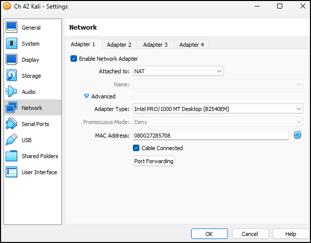 Changing network settings on Kali VM