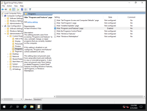 Screenshot of Hide Programs and Features page in Local Group Policy Editor