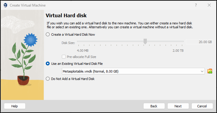 Picture of Virtual Hard Disk menu showing Metasploitable Virtual Hard Disk File being used