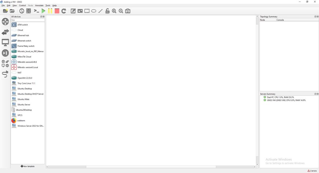 Screenshot of the VM showing in GNS3 Workspace Screenshot of command
