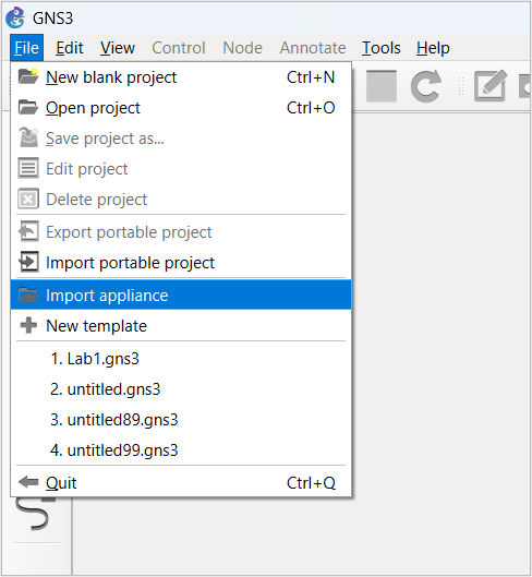 Screenshot of menu selections