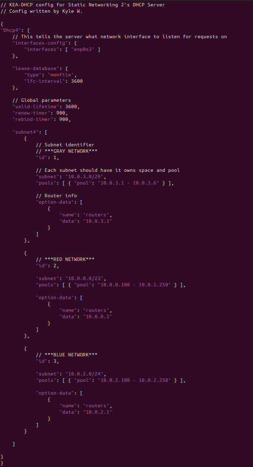 Screenshot of the KEA DHCP configuration file