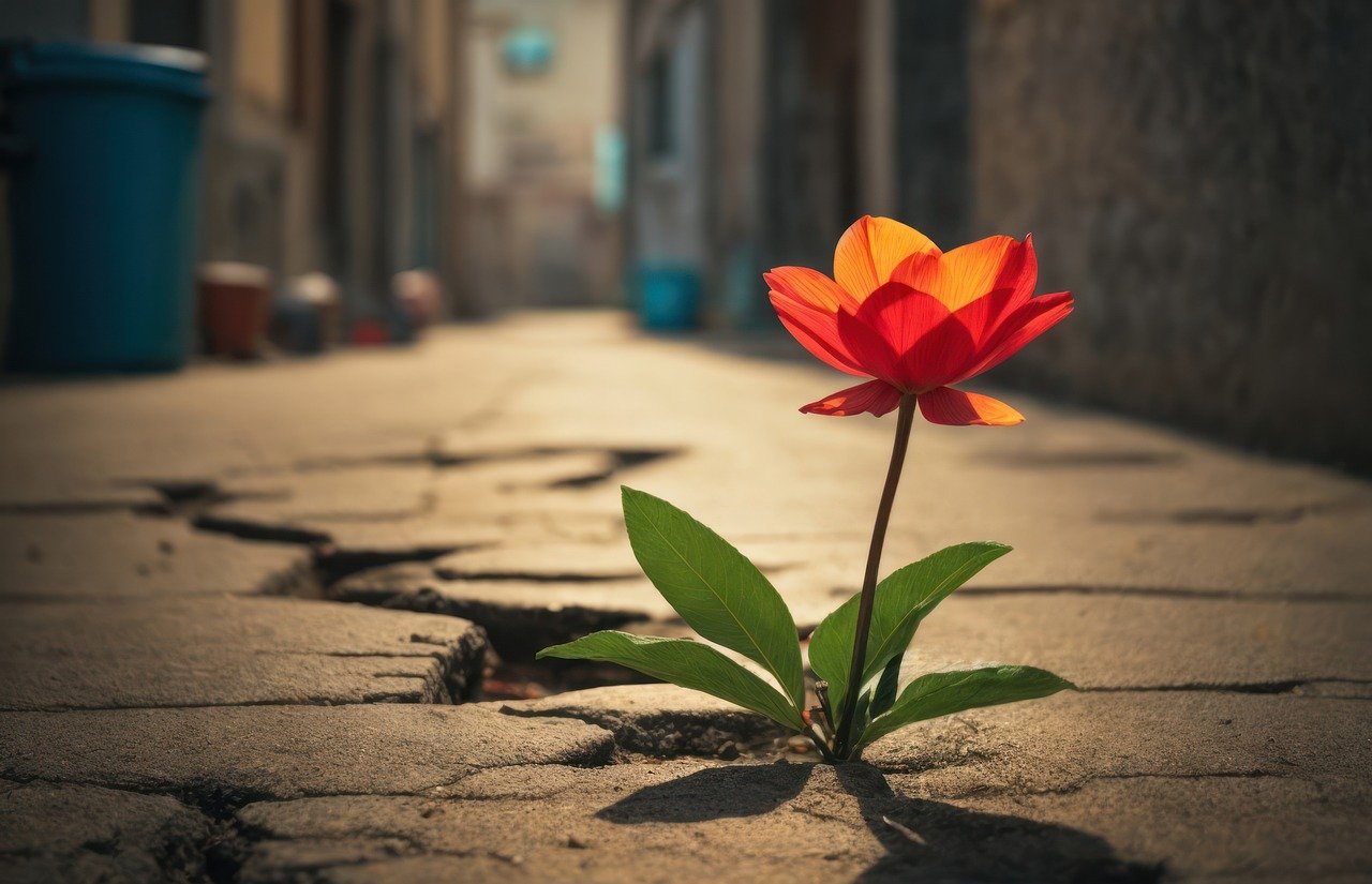 Flower growing through crack in concrete.