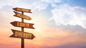 Arrowed signs showing belonging, inclusion, equity, and diversity written on them.
