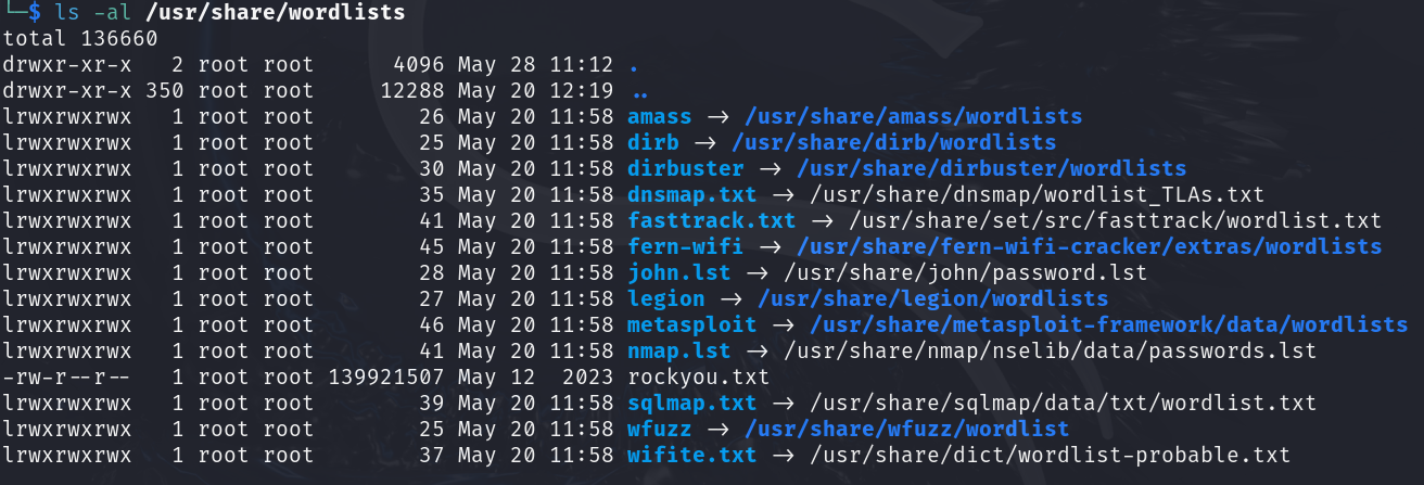 Looking at wordlists built into Kali