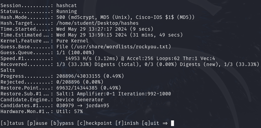 Hashcat dictionary attack in progress