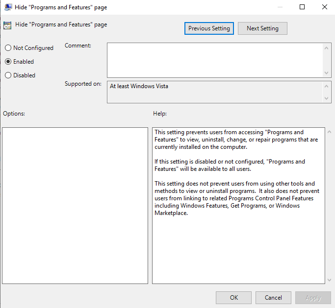 Screenshot of Hide Programs and Features Enabled