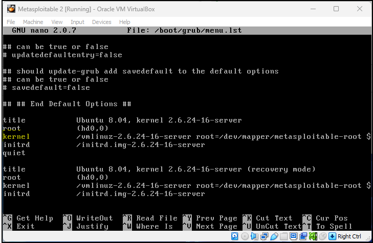 Picture of kernel line in menu.lst file