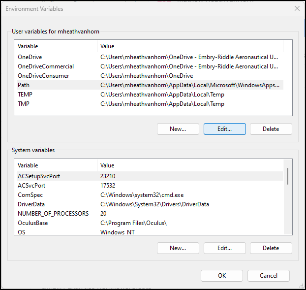 Picture of Environment Variables Window