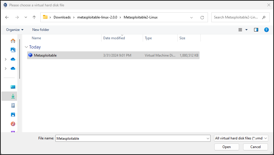Adding the Metasploitable Virtual Hard Disk File