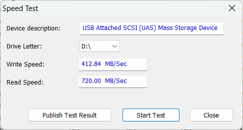 speed test results for an M2-USB drive