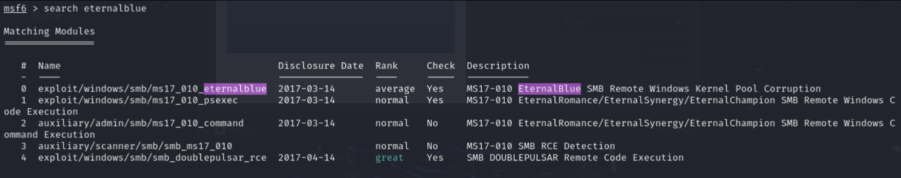 Screenshot of the search for EternalBlue