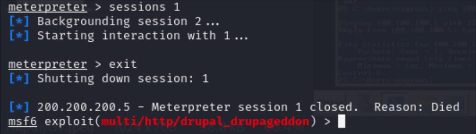 Screenshot of closing Meterpreter Session 1