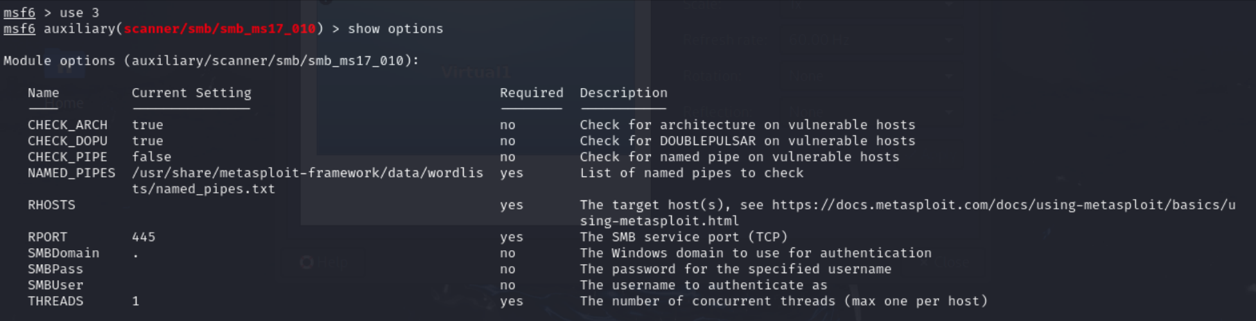 Screenshot of the "show options" commnad